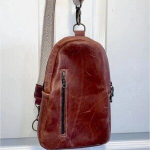 Vintage Cowhide Leather Crossbody Bag by Sutisana Cognac  ~ Woven Strap